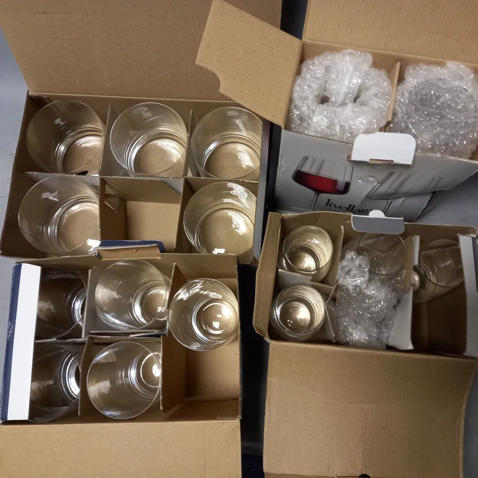 LOT OF 4 ASSORTED BOXED AS NEW SETS OF GLASSES TO INCLUDE WINE GLASSES, FLUTES AND TUMBLERS