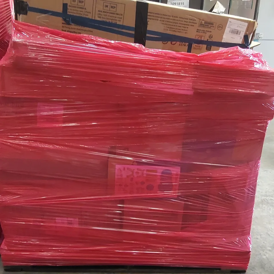 PALLET OF ASSORTED CONSUMER PRODUCTS TO INCLUDE: STEAM CLEANER, RECORD PLAYER, KID'S PLAYSET, WOODEN KITCHEN PLAYSET ECT