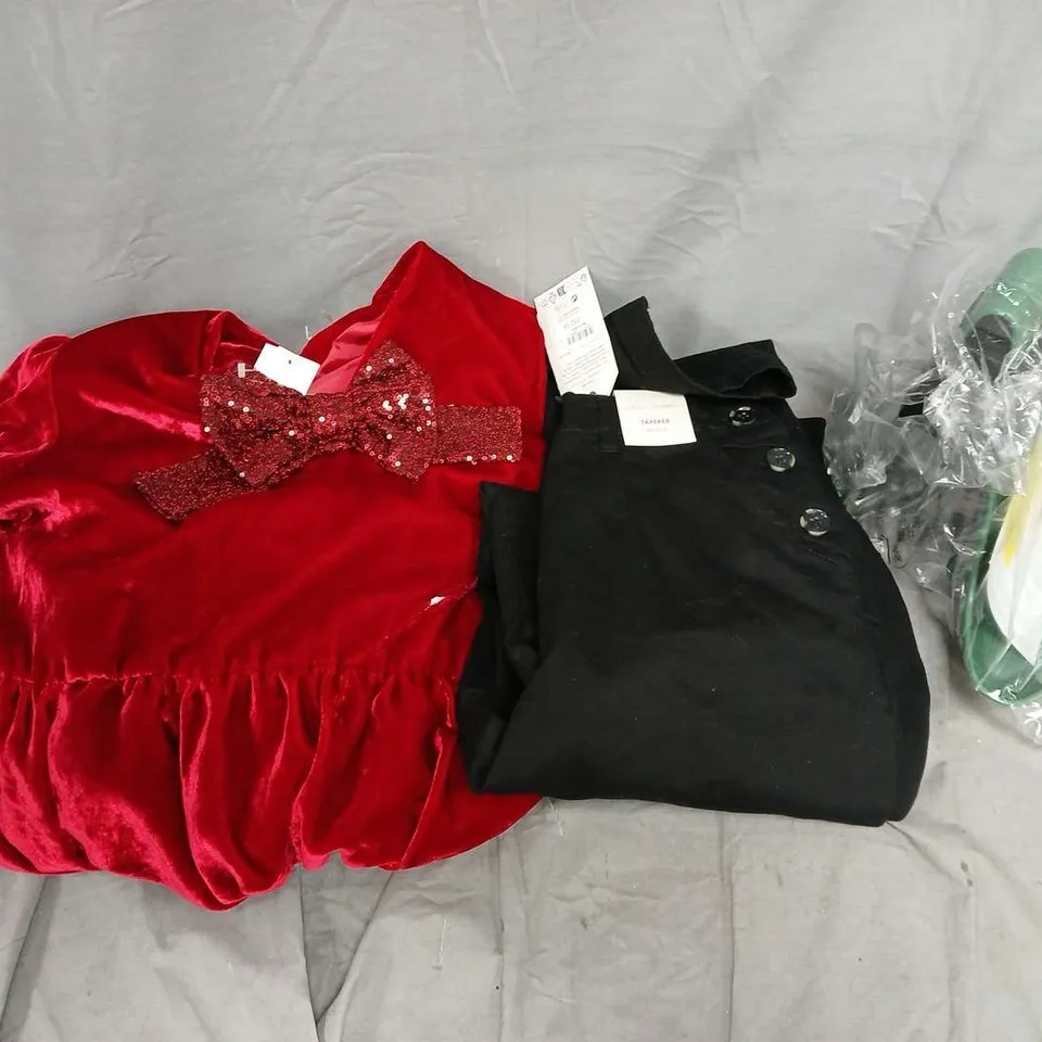 BOX OF APPROX 10 ASSORTED HOUSEHOLD ITEMS TO INCLUDE - CURTIS STONE LID REST - DRESS - TROUSERS - ETC