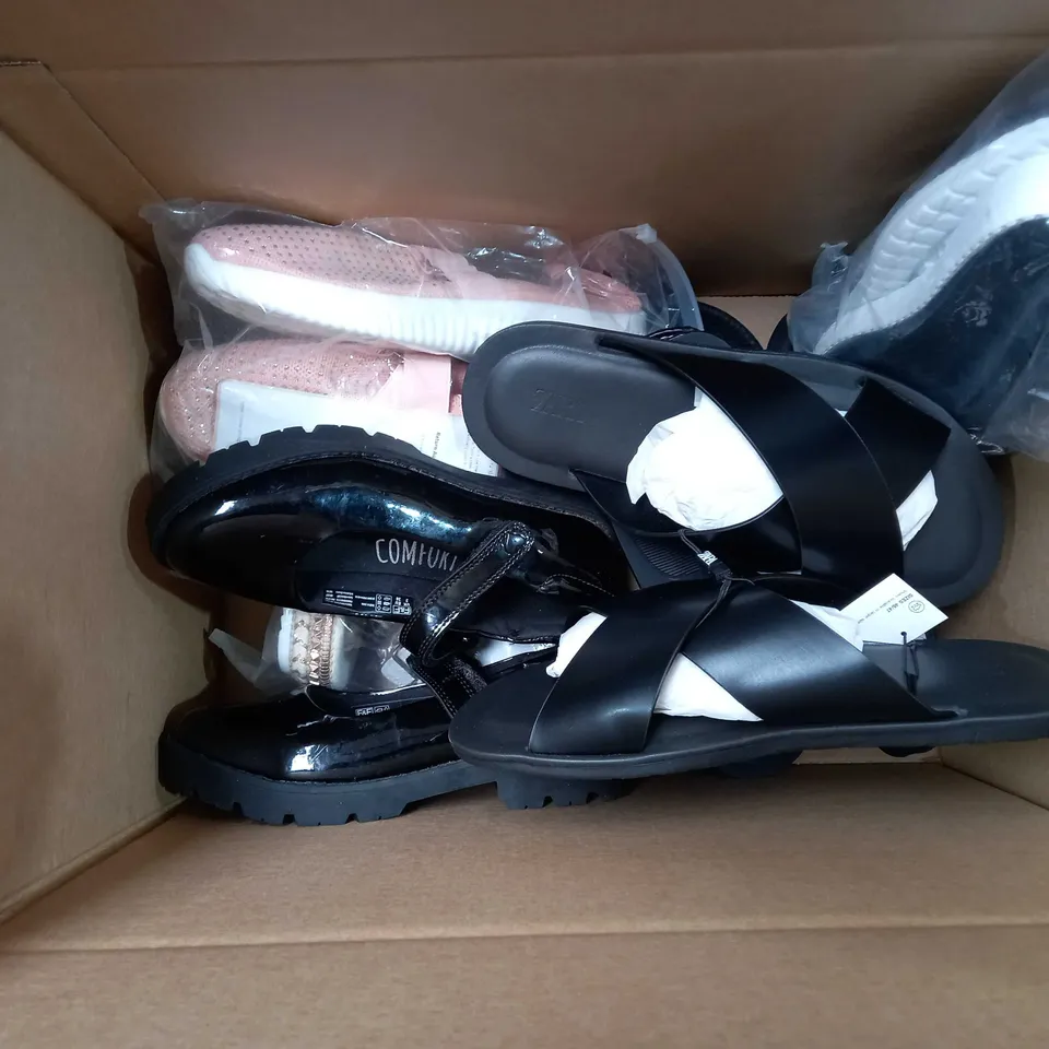 BOX OF APPROXIMATELY 10 ASSORTED PAIRS OF SHOES IN VARIOUS STYLES AND SIZES ,TO INCLUDE WITNESS, HITMARS, ZARA, ETC