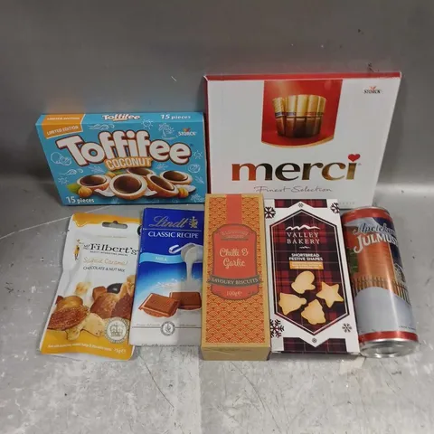 APPROXIMATELY 10 ASSORTED FOOD/DRINK PRODUCTS TO INCLUDE TOFFIFEE SWEETS, VALLEY BAKERY BISCUITS, MERCI CHOCOLATES ETC 