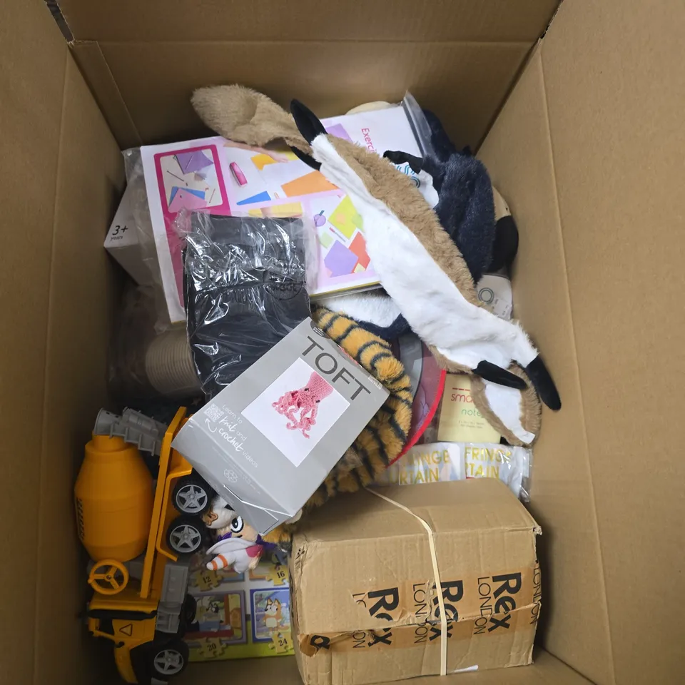 BOX OF APPROXIMATELY 15 ASSORTED ITEMS INCLUDING ESPO EXERCISE BOOK SAMPLE PACK, TOFT CROCHET OCTOPUS AND JOHN LEWIS WOODEN CHILDREN'S BEDROOM FURNITURE TO FIT IN ODNEY DOLL'S HOUSE