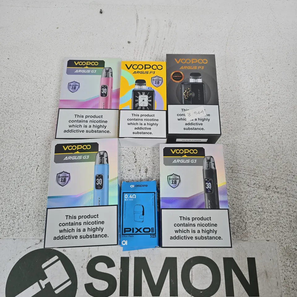 APPROXIMATELY 20 ASSORTED VOOPOO E-CIG PRODUCTS AND ACCESSORIES IN VARIOUS COLOURS STYLES AND SIZES