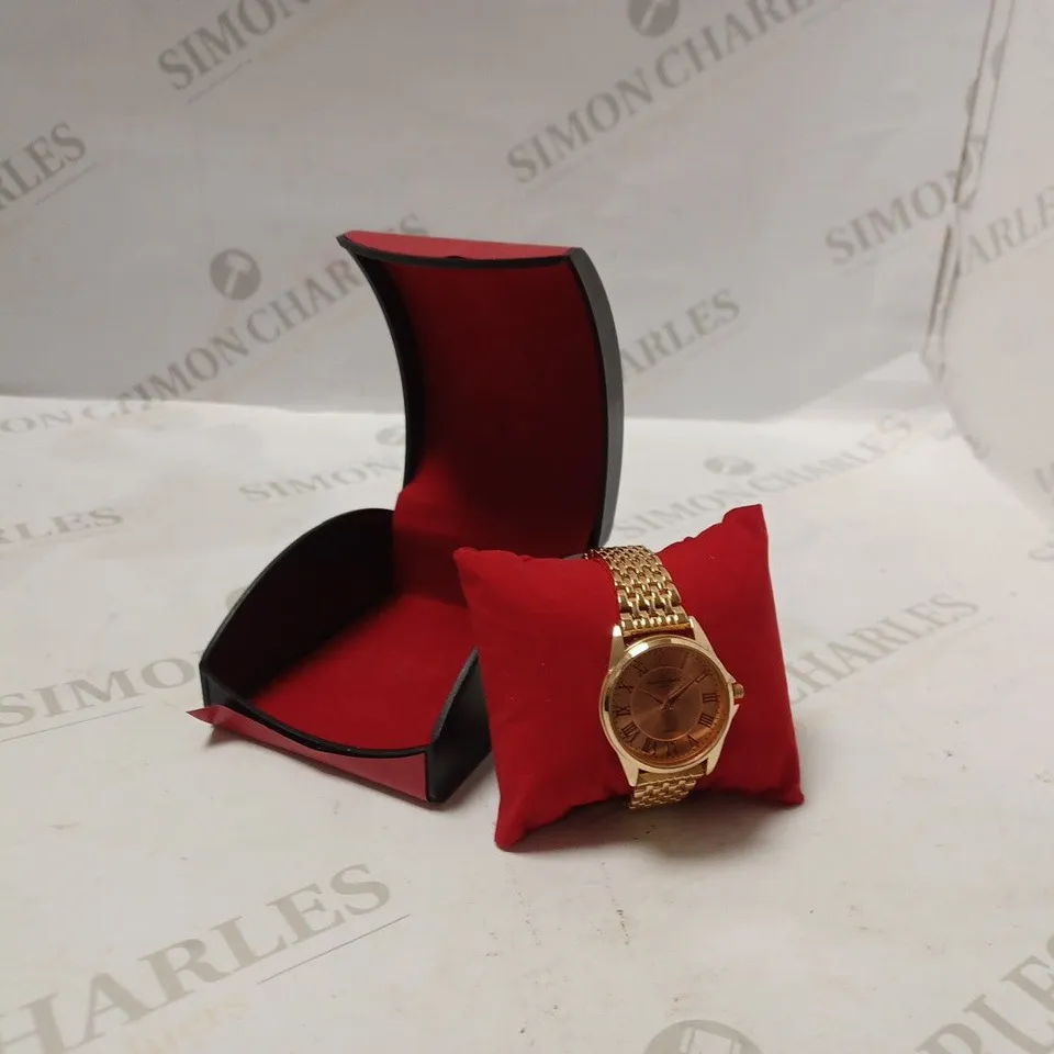 BOXED CHARLES RAYMOND WATCH. QUARTZ MOVEMENT, STAINLESS STEEL BACK - GOLD COLOUR