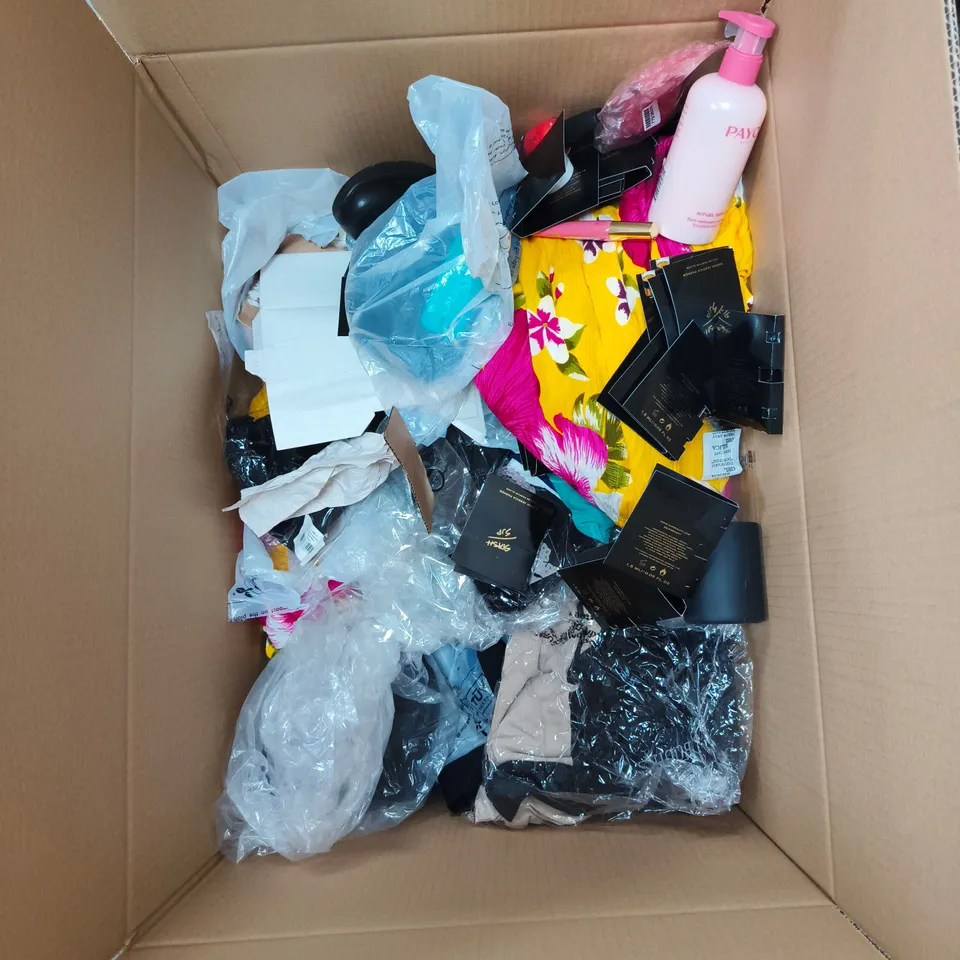 BOX OF APPROXIMATELY 30 ASSORTED ITEMS INCLUDING BLUE JUMPER, PURPLE DRESS, READING GLASSES, SMOOTH SKIN PRIMER ETC