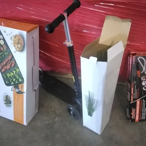 PALLET OF ASSORTED ITEMS INCLUDING ELECTRIC BARBECUE GRILL, SCOOTER, FAUX PLANT, LIQUID TRANSFER PUMP, YAMAGATA SPEAKER
