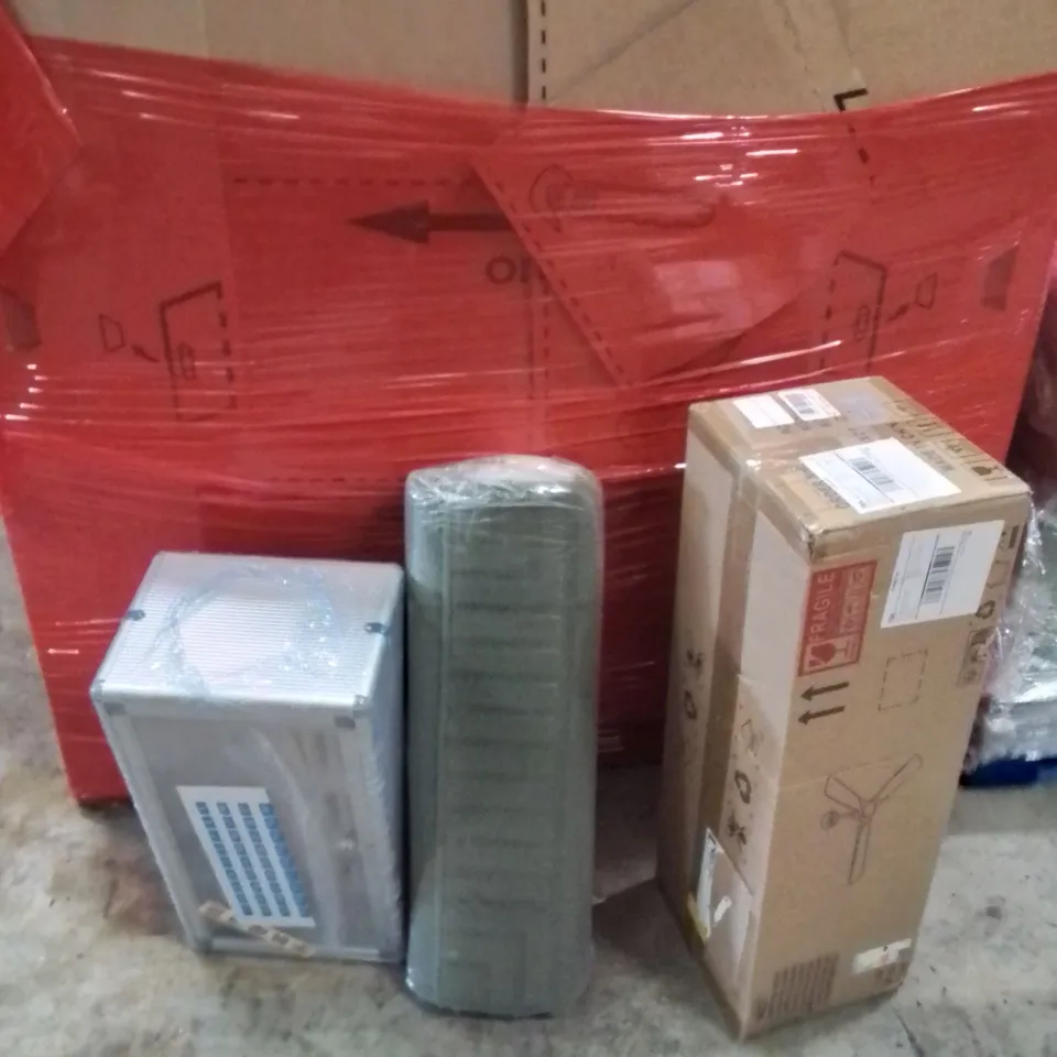 PALLET OF ASSORTED HOUSEHOLD GOODS AND PRODUCTS TO INCLUDE;CEILING FAN,MAKE ORGANISER,AREA RUG