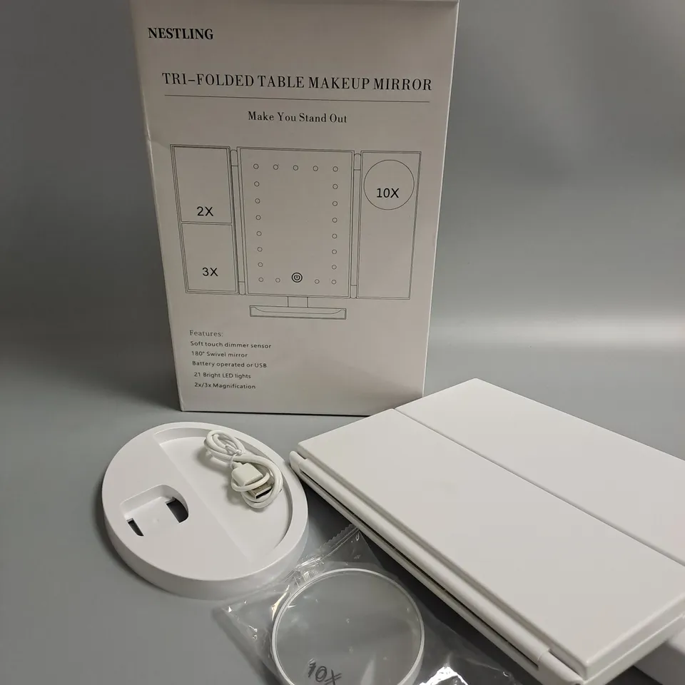 BOXED NESTLING TRI-FOLDED TABLE MAKEUP MIRROR