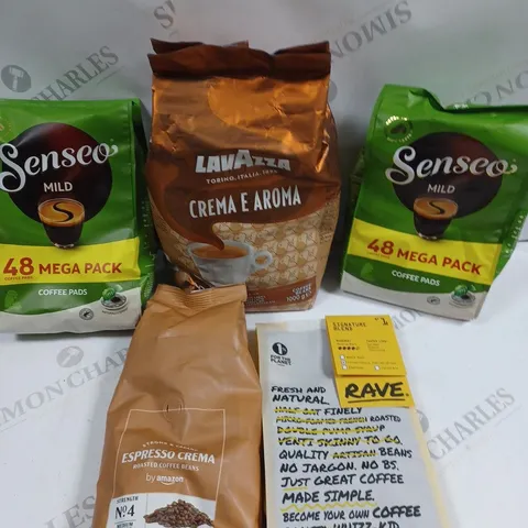 APPROXIMATELY 10 ASSORTED COFFEE PRODUCTS TO INCLUDE SENSEO, RAVE, LAVAZZA ETC