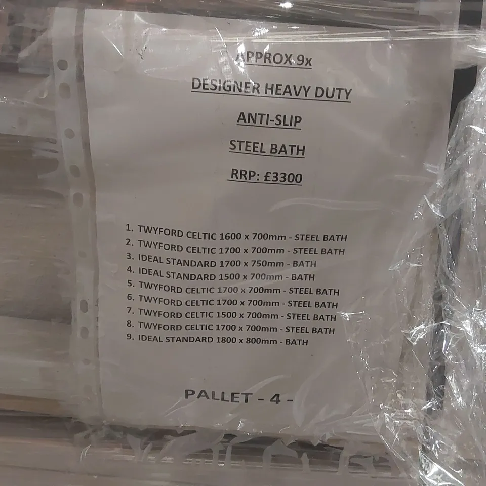PALLET CONTAINING APPROXIMATELY 9x DESIGNER HEAVY DUTY ANTI-SLIP STEEL BATH TUBS