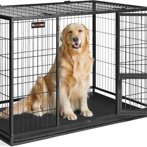 BOXED FEANDREA HEAVY-DUTY DOG CRATE, DOG CAGE, 122 X 74.5 X 80.5 CM, FOR MEDIUM AND LARGE DOGS, DOUBLE REMOVABLE DOOR, EASY CLEANING, PET CAGE, XXL, BLACK
