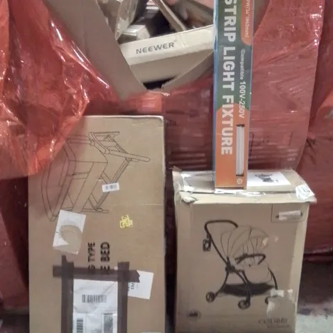 PALLET OF ASSORTED HOUSEHOLD GOODS AND PRODUCTS TO INCLUDE;STRIP LIGHTS FIXTURE,PRAMS,COTBED