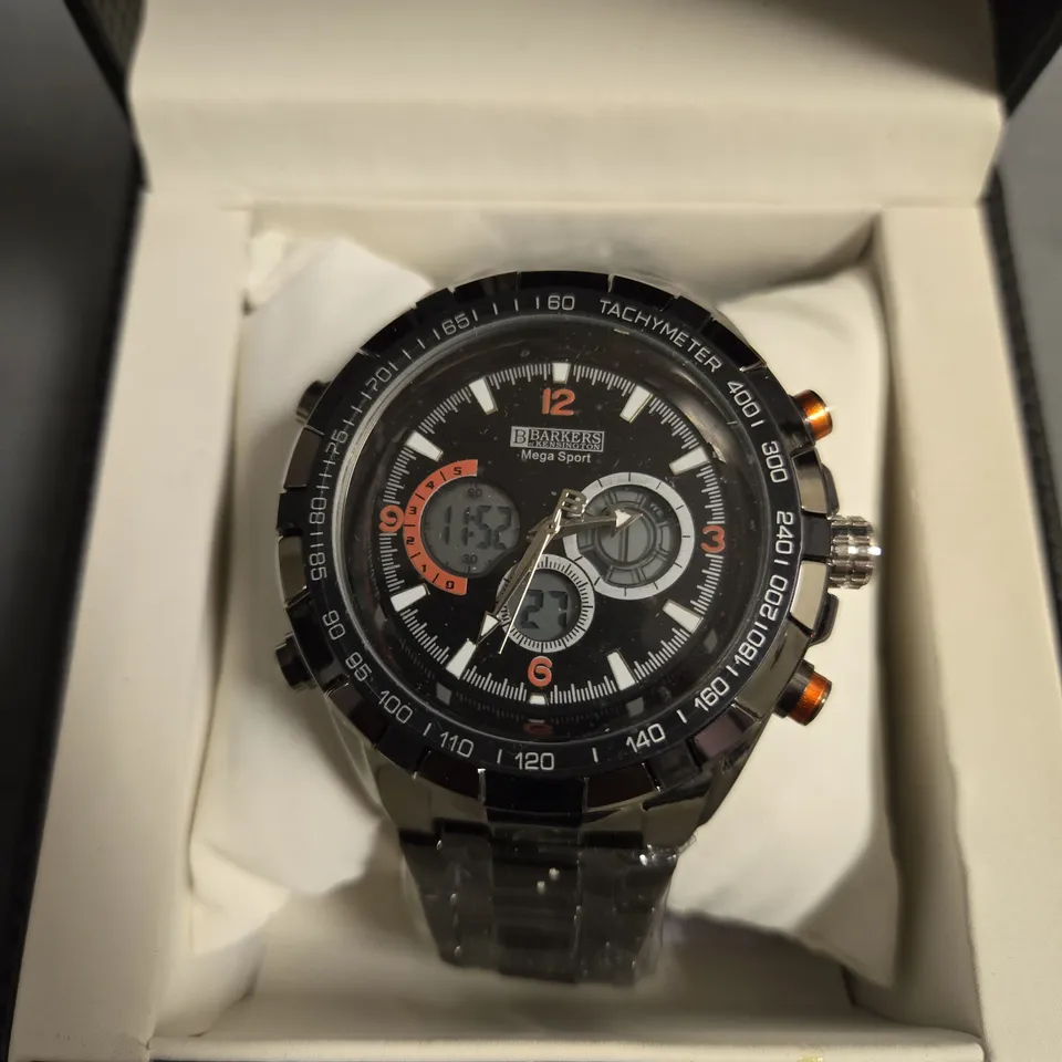 BOXED BARKERS OF KENSINGTON MEGA SPORT WATCH IN BLACK