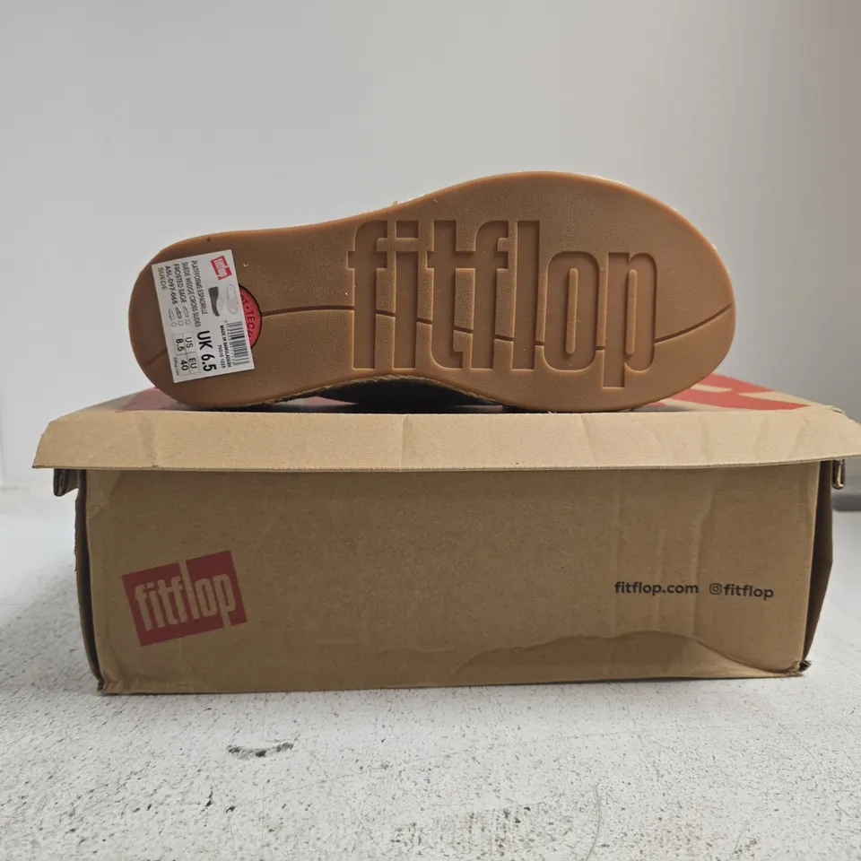 BOXED PAIR OF FITFLOP PLATFFORMS ESPADRILLE SUEDE WEDGE CROSS SLIDES IN FROSTED SAGE SIZE UK 6.5