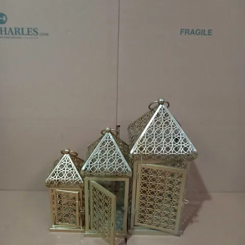 ALISON CORK SET OF INDOOR/ OUTDOOR FRETWORK METAL LANTERNS GOLD