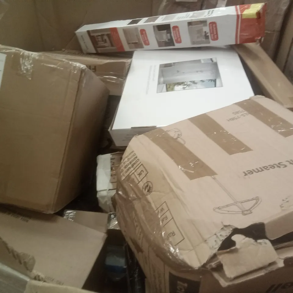 PALLET OF ASSORTED ITEMS INCLUDING ACCSTORE NON-WOVEN FABRIC SHOE RACK, PEPE STOOL, PEPE CHAIR WITH HANDLES, BESTIER 5-TIER SHELVING UNIT, RETRACTABLE SAFETY GATE, RAIN SHOWER SYSTEM