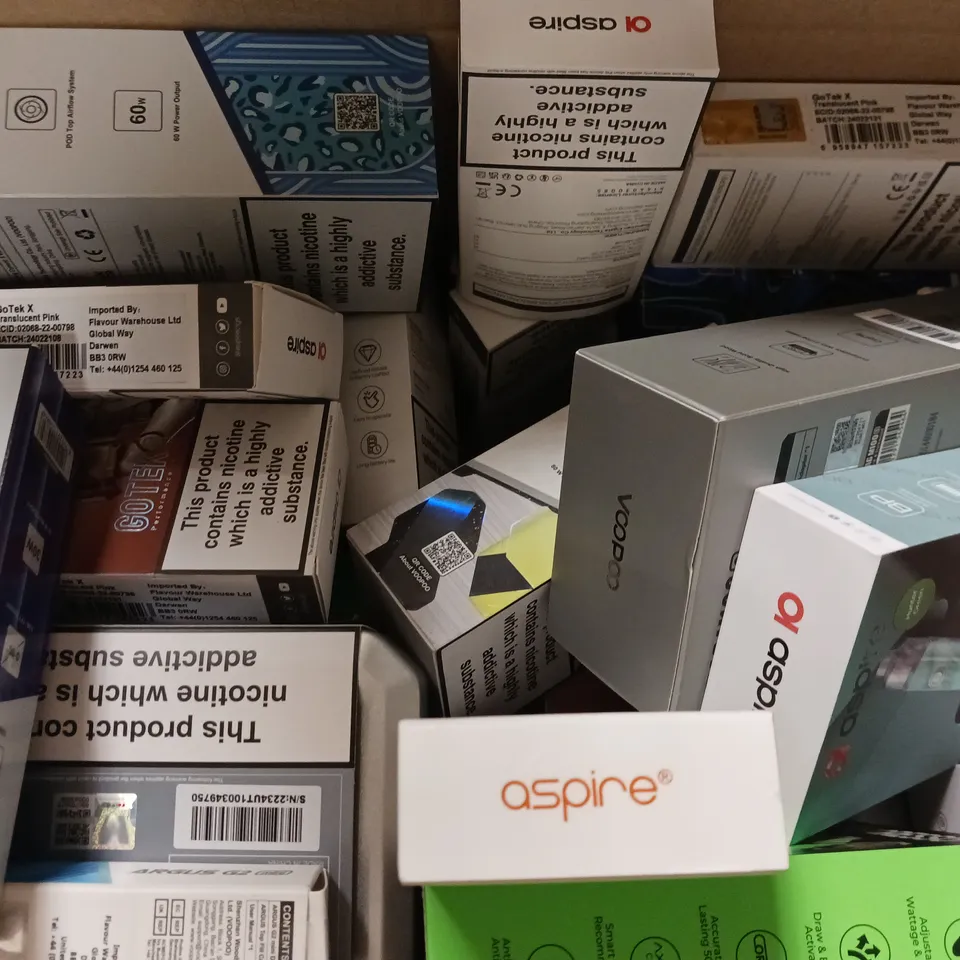 BOX OF APPROXIMATELY 18 ASSORTED E-CIGARETTES TO INCLUDE - VAPORESSO, ASPIRE , VOOPOO