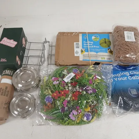 LOT OF ASSORTED HOUSEHOLD ITEMS TO INCLUDE FEEDING STATION GROUND BASE, ETHERNET CABLE AND ELASTIC BANDS