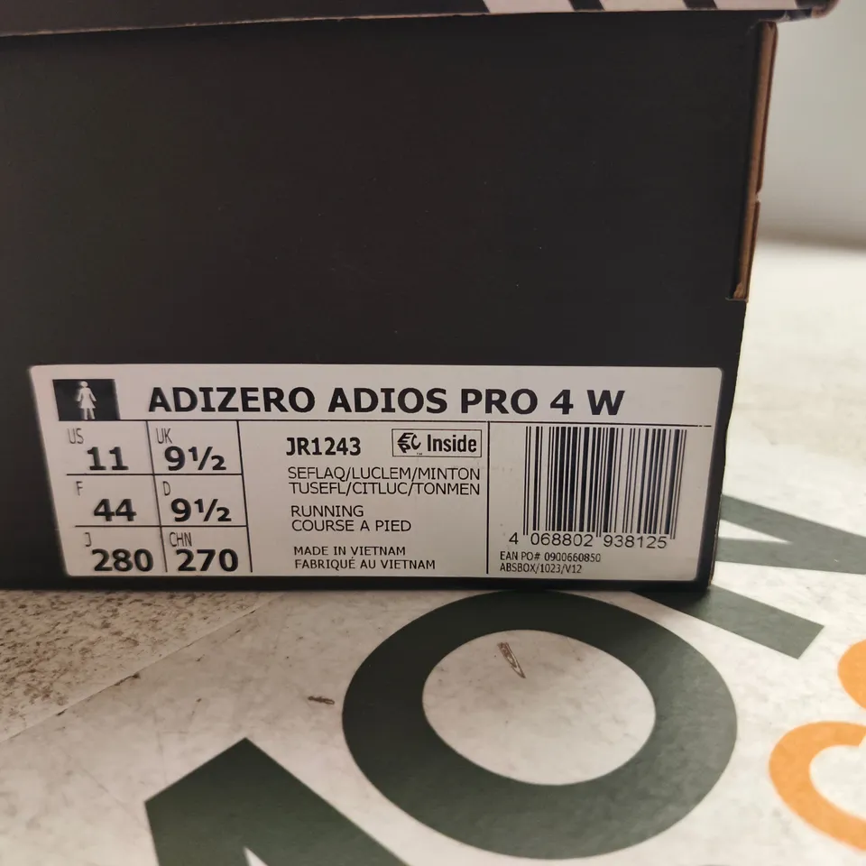 BOXED PAIR OF ADIDAS ADIZERO ADIOS PRO 4 W RUNNING SHOES – UK 9.5 (US 11), TURQUOISE/NEON YELLOW