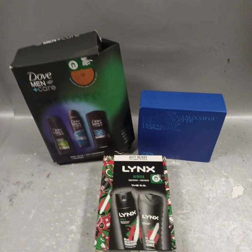 LOT OF 3 ASSORTED COSMETIC BOXSETS TO INCLUDE - DOVE MEN GIFT COLLECTION - LYNX AFRICA BODY DUO - ZARA SEOUL EAU DE TOILETTE SET - ETC