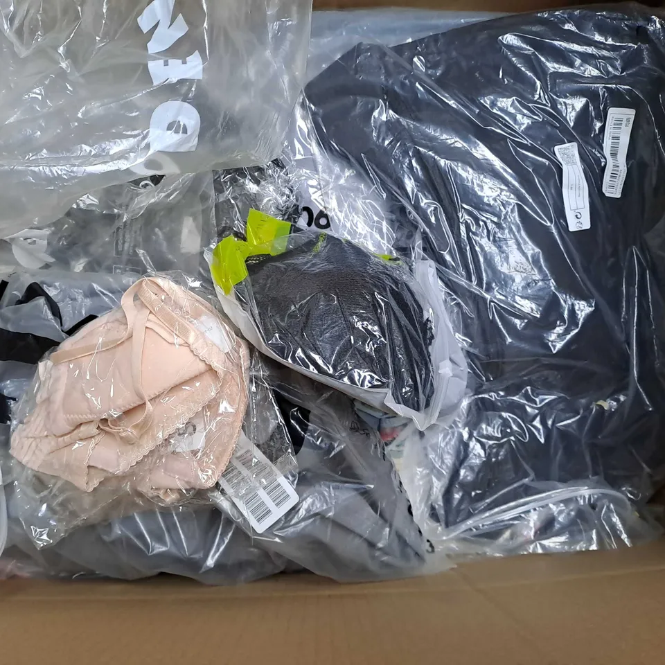BOX OF APPROXIMATELY 20 ASSORTED CLOTHING ITEMS TO INCLUDE - SHIRT ,BRA , PANTS ETC