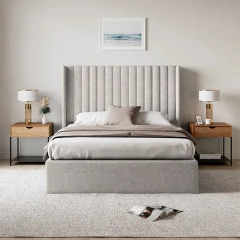 BOXED ADAHA UPHOLSTERED STORAGE BED - GREY // SIZE: DOUBLE (2 BOXES)