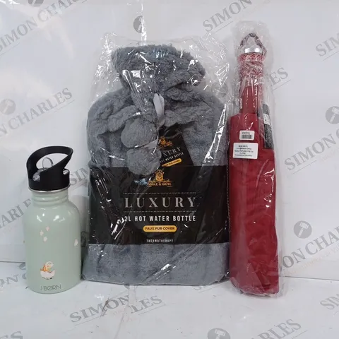BOX OF APPROXIMATELY 20 ASSORTED HOUSEHOLD ITEMS TO INCLUDE UMBRELLA IN RED, LUXURY HOT WATER BOTTLE, J BORN DINOSAUR WATER BOTTLE, ETC