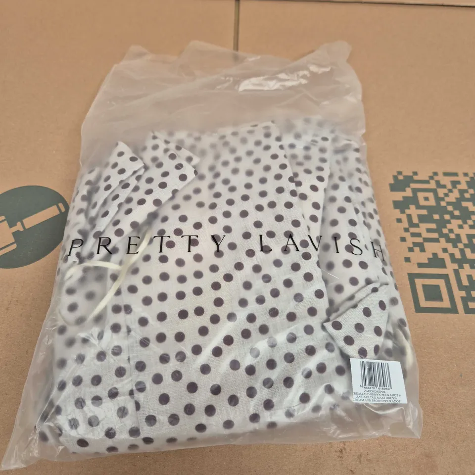 PRETTY LAVISH MAXI DRESS – CREAM & BROWN POLKA DOT, ZARIA DETAIL, UK SIZE 6