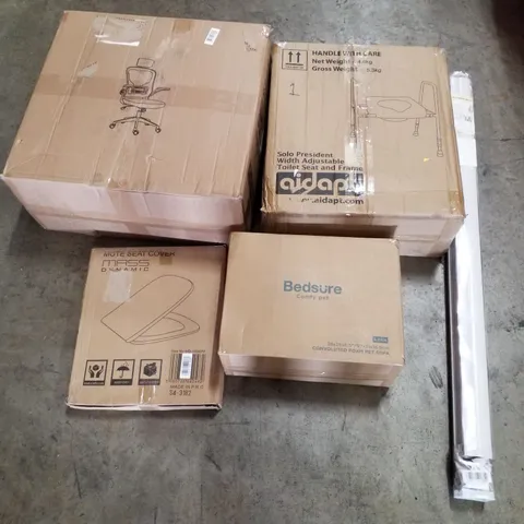 PALLET CONTAINING ASSORTED PRODUCTS INCLUDING OFFICE CHAIR, TOILET SEAT, FOAM PET SOFA, SOLO PRESIDENT WIDTH ADJUSTABLE TOILET SEAT AND FRAME & ROLLER BLIND