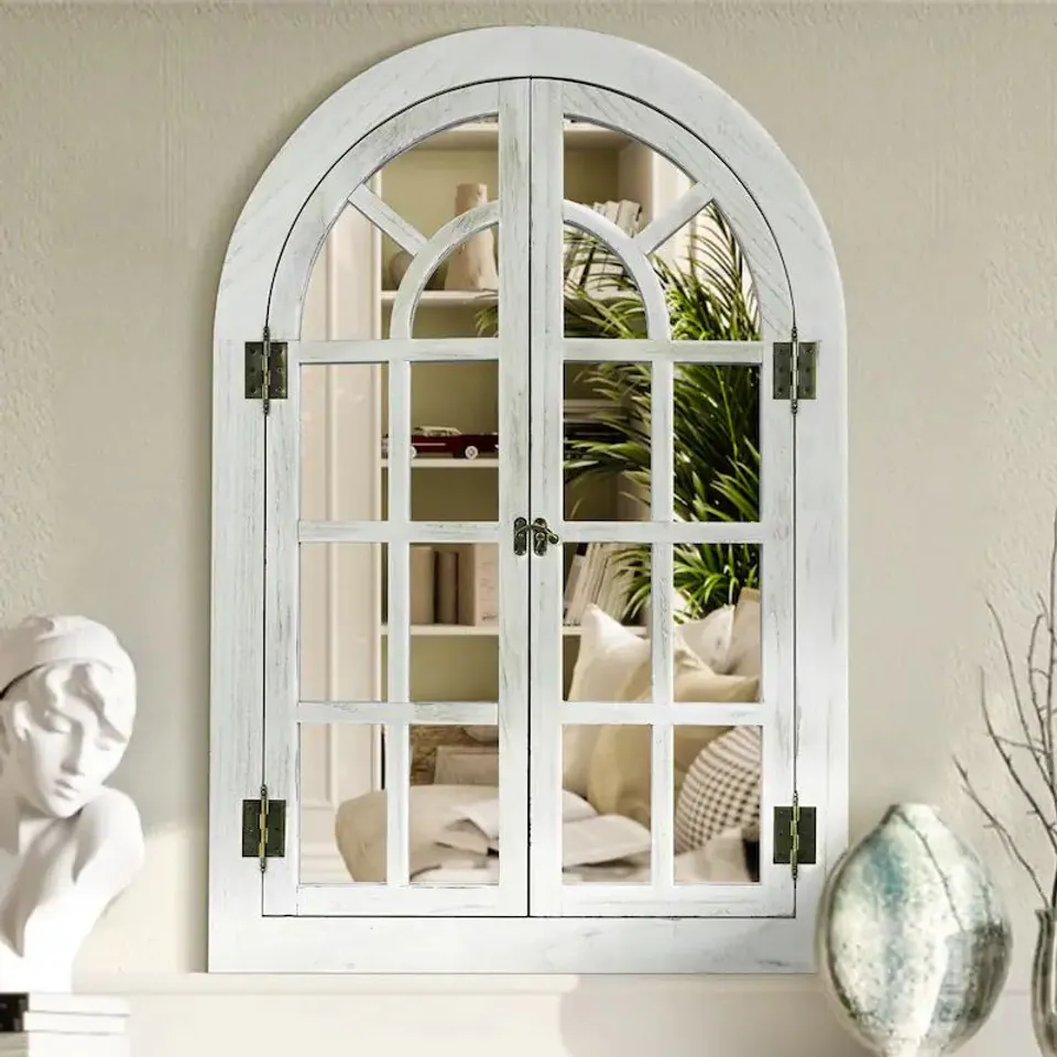 BOXED ARCHED WALL MIRRORS 36"X24" WINDOW MIRROR FARMHOUSE DECOR WOOD FRAME FOR BEDROOM, NATURAL