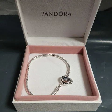 PANDORA SILVER CHARM BRACELET WITH BLUE STONE CHARM – BOXED