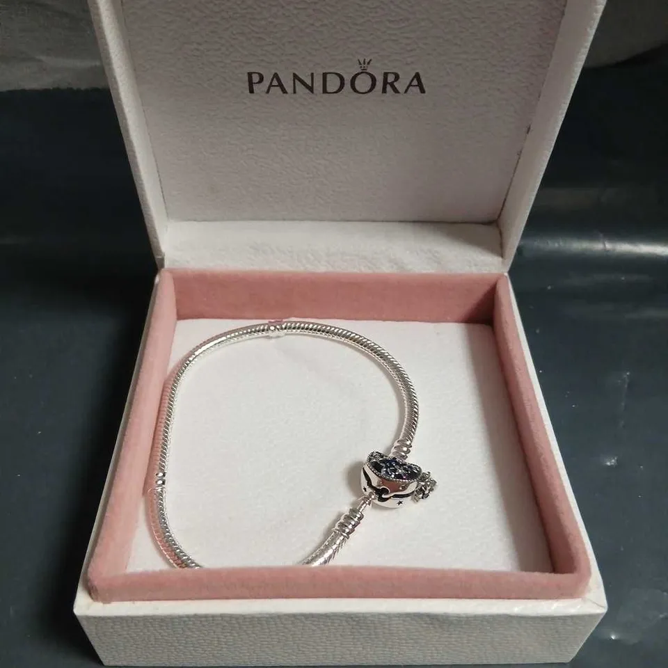 PANDORA SILVER CHARM BRACELET WITH BLUE STONE CHARM – BOXED