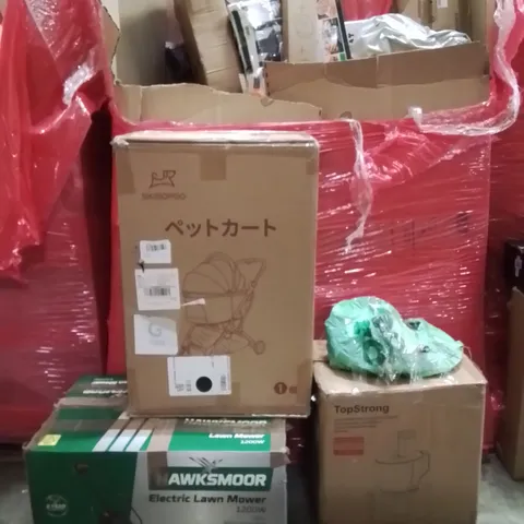 PALLET OF ASSORTED HOUSEHOLD GOODS AND PRODUCTS TO INCLUDE; HAWKSMOOR ELECTRIC LAWN MOWER,BABY PRAM,7L MULTIFUNCTIONAL FOOD PROCESSOR