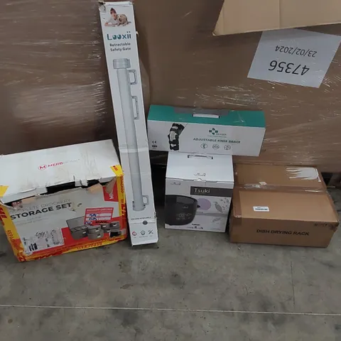 PALLET OF ASSORTED ITEMS INCLUDING: RICE COOKER, STORAGE SET, RETRACTABLE SAFETY GATE, DISH DRYING RACK, ADJUSTABLE KNEE BRACE