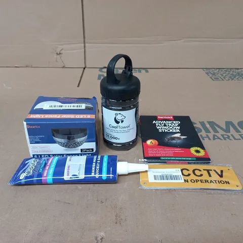 TOTE OF APPROXIMATELY 15 ASSORTED ITEMS TO INCLUDE MOULD MAGIC, CCTV SIGN, FLY WINDOW TRAP STICKER, SOLAR FENCE LIGHT, COOL TOWEL FOR DOGS ETC