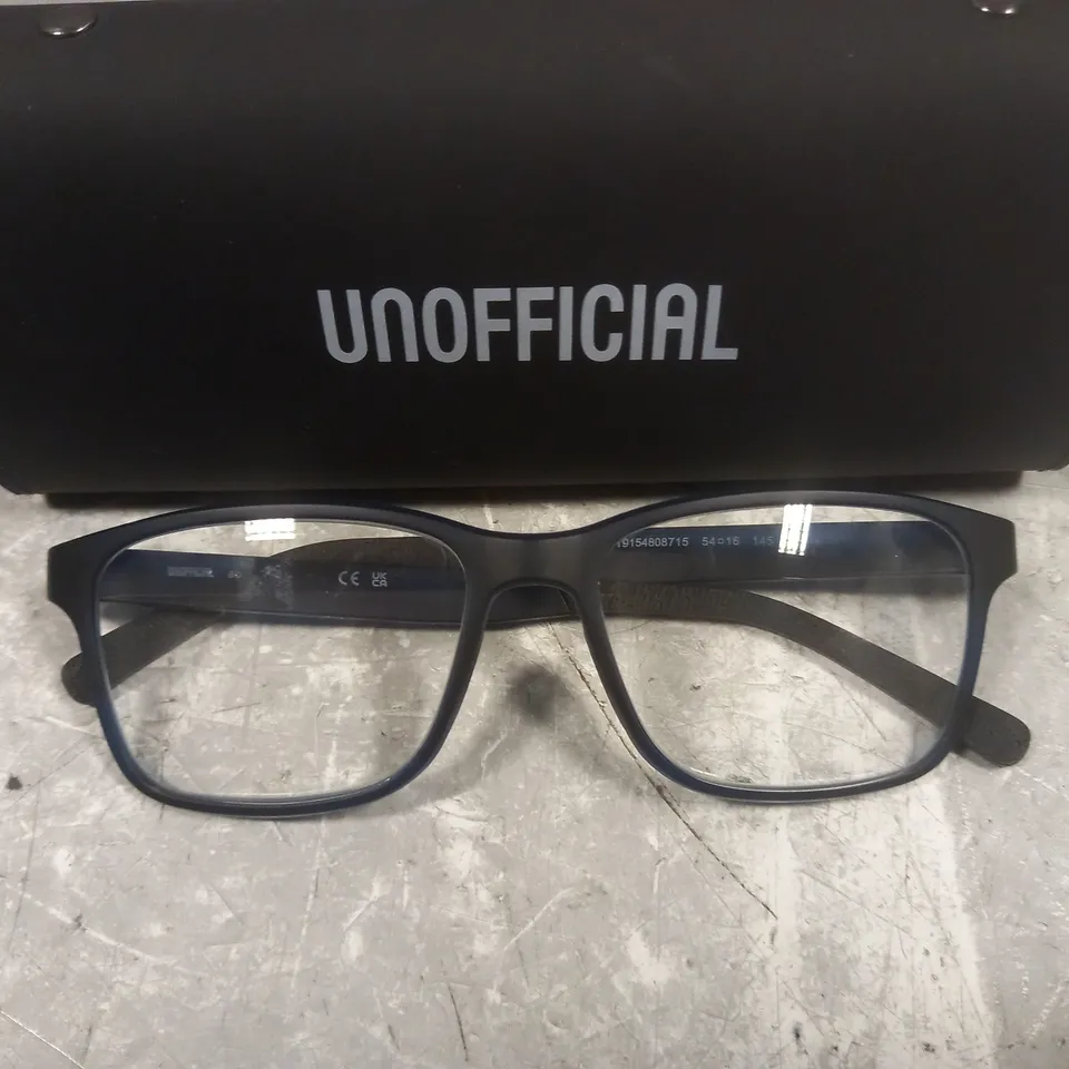 PAIR OF UNOFFICIAL BLUE/BLACK FRAMED GLASSES IN CASE