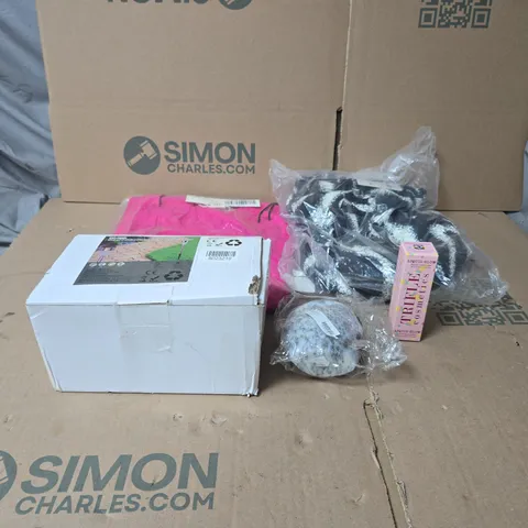 BOX OF APPROXIMATELY 25 ASSORTED HOUSEHOLD ITEMS TO INCLUDE LED GARDEN LIGHTS, CLOTHING, STONE ORNAMENT, TRIFLE COSMETICS ETC