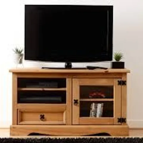 BOXED SECONIQUE CORONA ENTERTAINMENT UNIT - DISTRESSED WAX PINE/GLASS (1 BOX)
