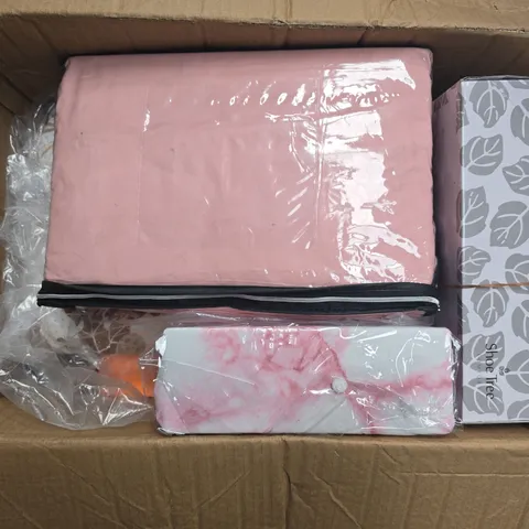BOX OF APPROXIMATELY 10 ASSORTED ITEMS TO INCLUDE - UNBRANDED SHOES - SHEET SETS - LIP PLUMPER - ETC - COLLECTION ONLY 