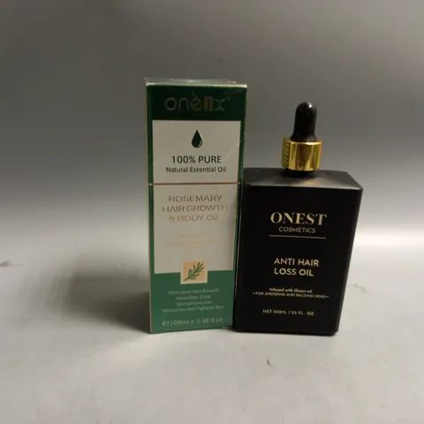 2 ASSORTED HAIR PRODUCTS TO INCLUDE ROSEMARY HAIR GROWTH & BODY OIL 100ML, ONEST COSMETICS ANTI HAIR LOSS OIL 100ML 