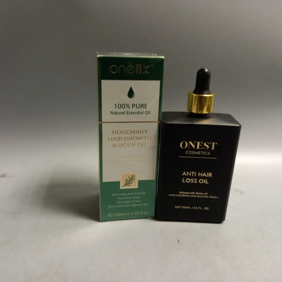 2 ASSORTED HAIR PRODUCTS TO INCLUDE ROSEMARY HAIR GROWTH & BODY OIL 100ML, ONEST COSMETICS ANTI HAIR LOSS OIL 100ML 