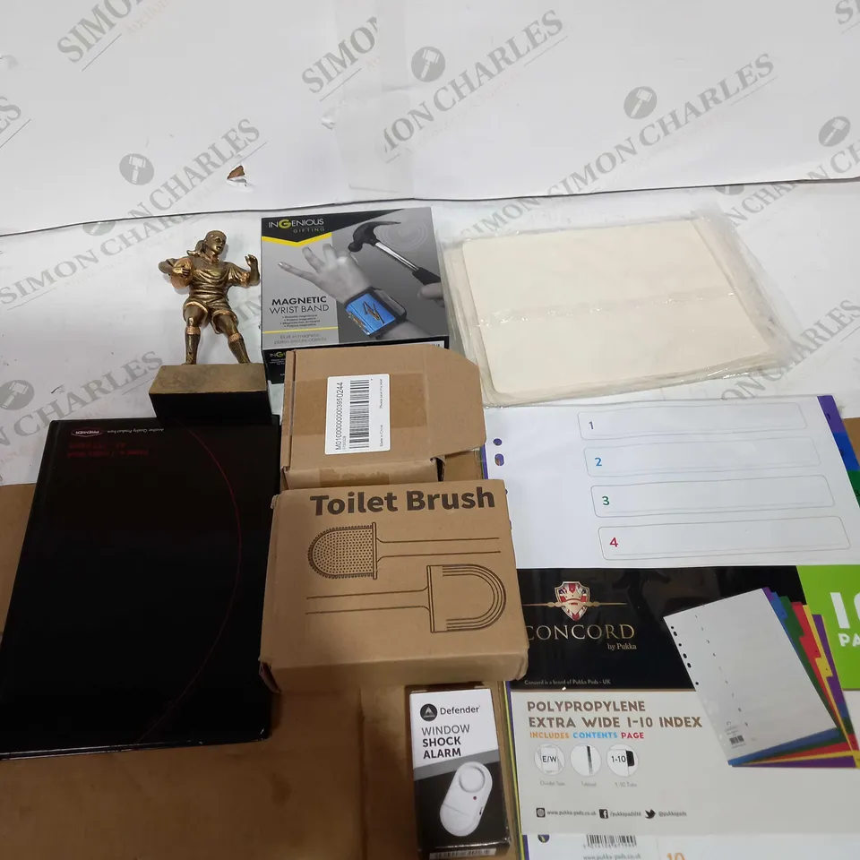 BOX OF ASSORTED HOUSEHOLD ITEMS TOO INCLUDE WRITING BOOKS AND TOOLS 