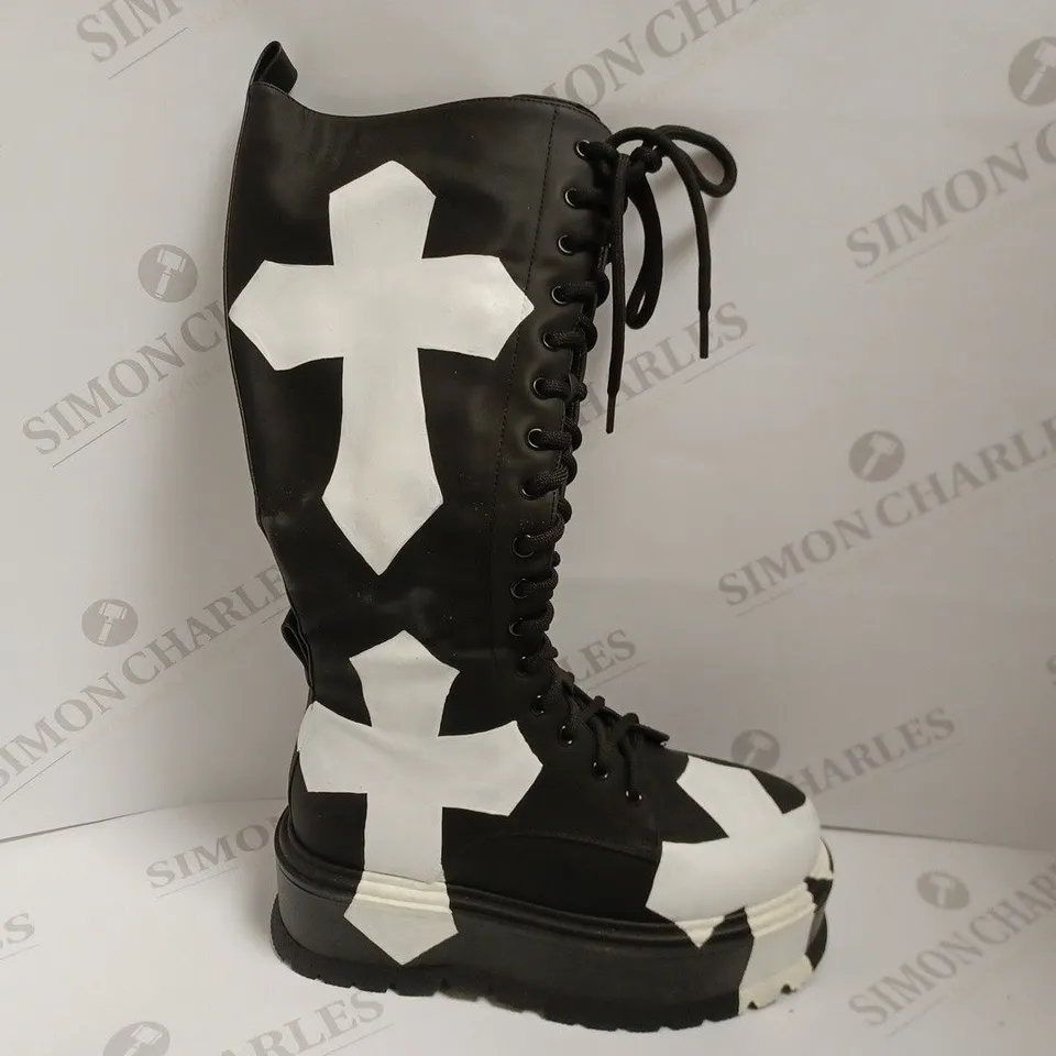 KOI VEGAN PLANTIR PLATFORM LACE UP BOOT WITH PAINTED CROSS DETAIL - SIZE 3