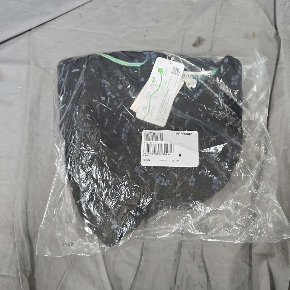 BAGGED WHITE STUFF ANETH ECO VERO SHIRRED DRESS IN BLACK MULTI - SIZE 12