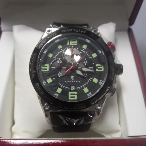 STOCKWELL CHRONOGRAPH MENS WATCH WITH BLACK SILICONE STRAP IN WOODEN GIFT BOX