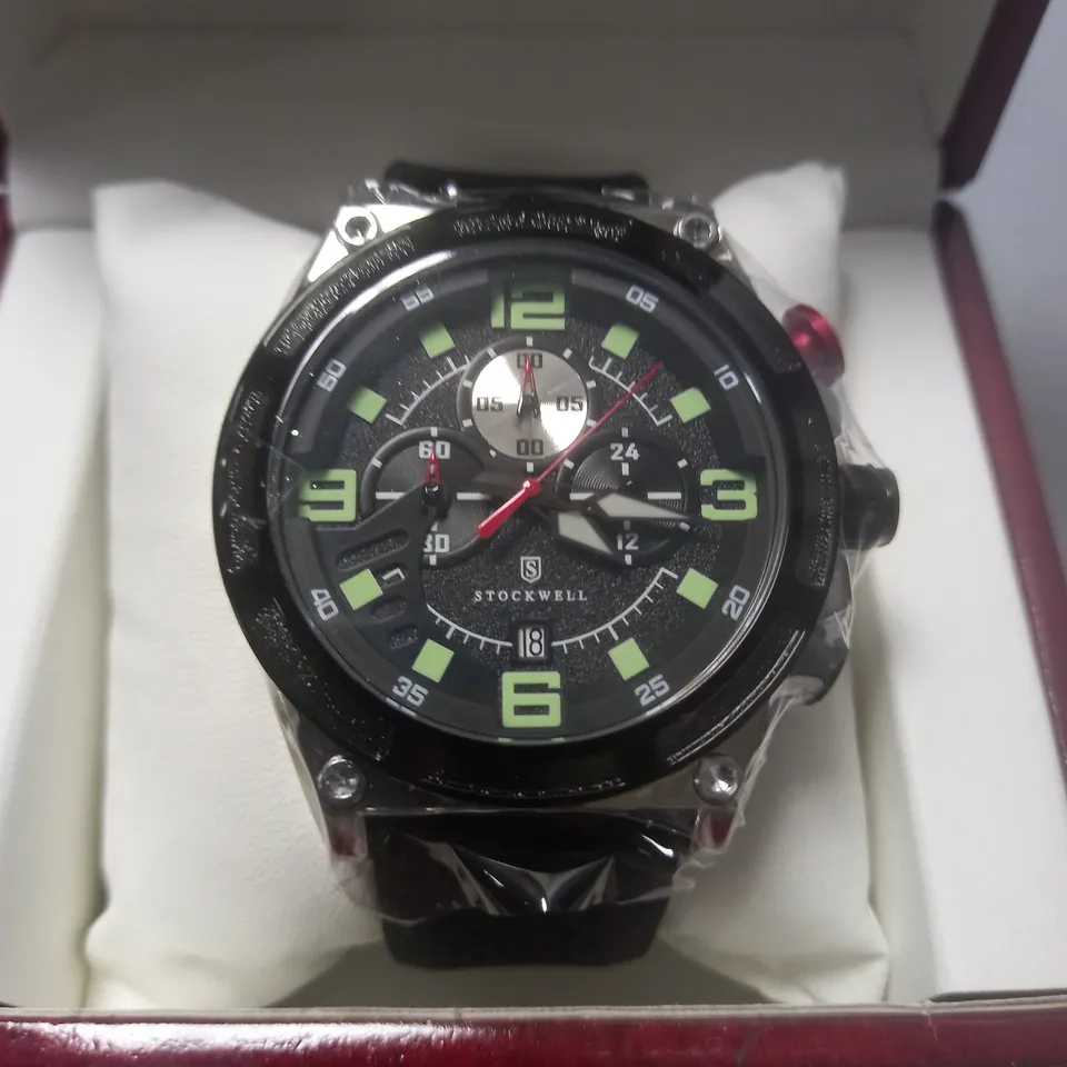 STOCKWELL CHRONOGRAPH MENS WATCH WITH BLACK SILICONE STRAP IN WOODEN GIFT BOX