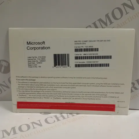 MICROSOFT WINDOWS PRO 10 64BIT DVD VERSION SOFTWARE 
