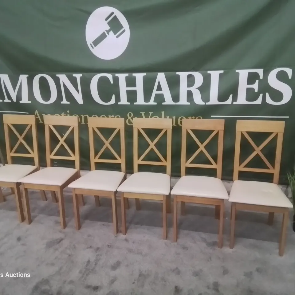 SET OF 6 KENDAL OAK DINING CHAIRS IVORY SEAT PADS
