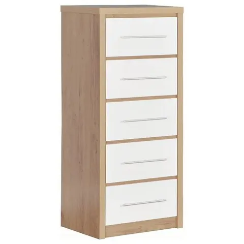 BOXED SEVILLE 5 DRAWER CHEST WHITE GLOSS / LIGHT OAK EFFECT VENEER 