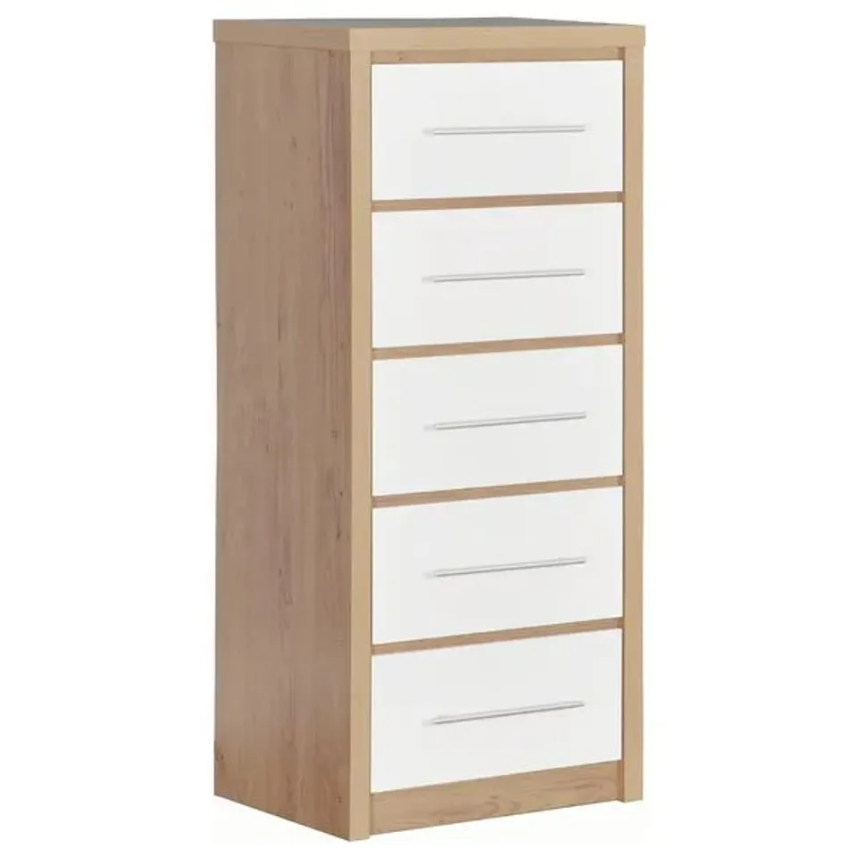 BOXED SEVILLE 5 DRAWER CHEST WHITE GLOSS / LIGHT OAK EFFECT VENEER